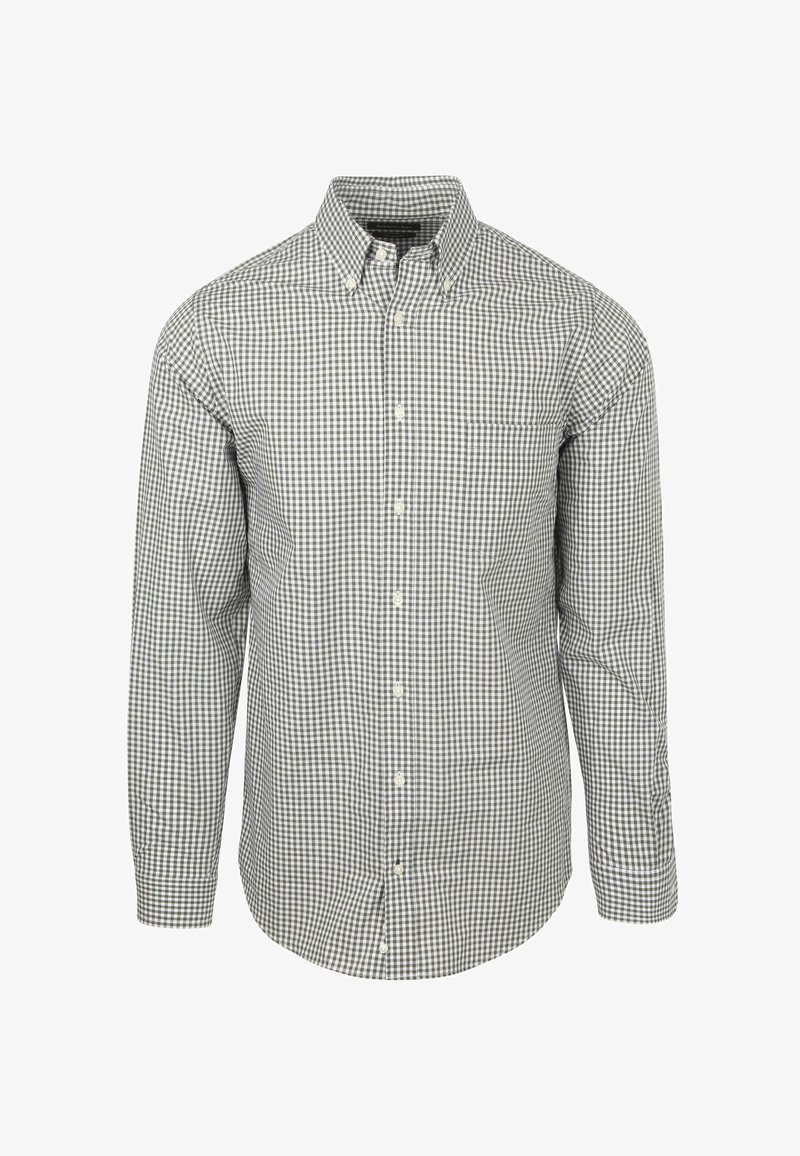 Gingham blouse met lange mouwen in zwart-wit, met een button-down kraag, voorkeurszak en een getailleerde pasvorm.