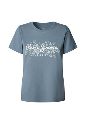 Light blue cotton t-shirt with short sleeves and a crew neck. Features a white floral design and "Pepe Jeans London" text at the center.