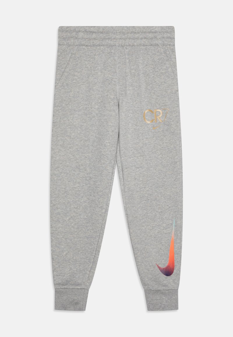 Gray cotton jogger pants with a ribbed waistband and cuffs. Features a gold "CR7" logo and a multicolored Nike swoosh on the leg.