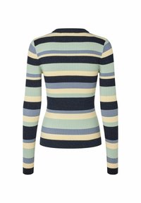 Maglione a coste con maniche lunghe in verde pastello, blu navy e morbide strisce gialle. Presenta un design attillato e un collo rotondo.