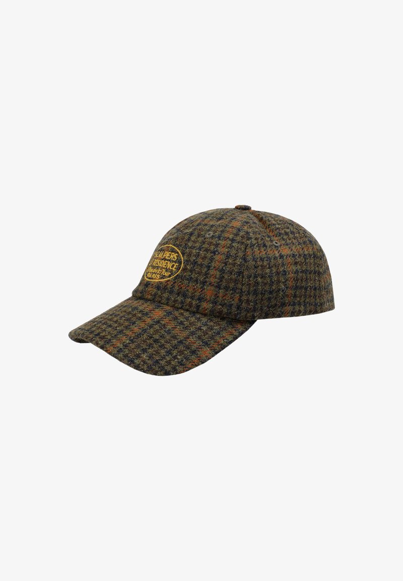 Wool cap in a checkered pattern with green, brown, and orange hues. Features a curved brim and a textured finish. Front logo patch included.