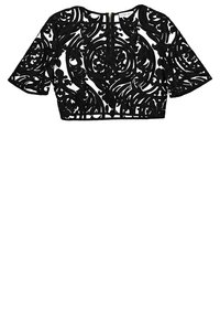 Sort cropped top med korte ærmer, udstyret med indviklede udskæringer i svulmønster og en lynlås i ryggen. Letvægts og tekstureret design.