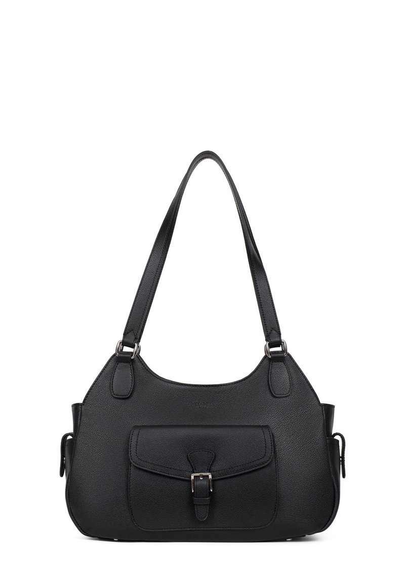 Borsa nera in pelle con forma strutturata, dotata di una tasca frontale, accessori in argento e doppie spalline. Superficie texturizzata.