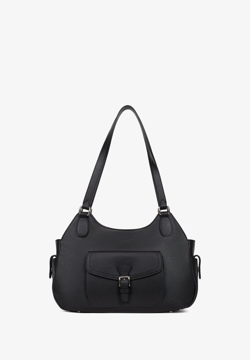 Borsa nera in pelle con forma strutturata, dotata di una tasca frontale, accessori in argento e doppie spalline. Superficie texturizzata.