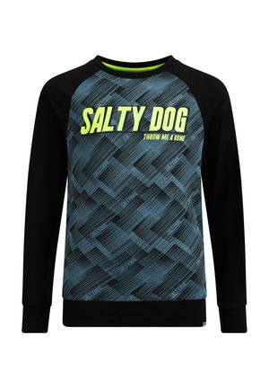 Sort og blå mønstret langærmet sweatshirt med gul tekst "SALTY DOG" og "THROW ME A BONE" på forsiden.