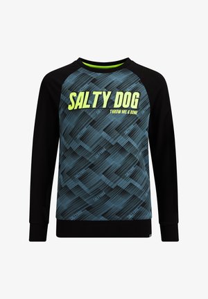 Czarna i niebieska bluza z długim rękawem w wzory, z żółtym napisem "SALTY DOG" i "THROW ME A BONE" z przodu.