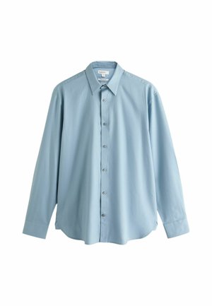 Light blue long-sleeve button-up shirt with a pointed collar and buttoned cuffs, displayed against a white background.