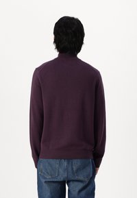 Maglione viola scuro con colletto alto e polsini a coste, abbinato a un paio di jeans in denim blu. Sfondo bianco solido per evidenziare l'outfit.