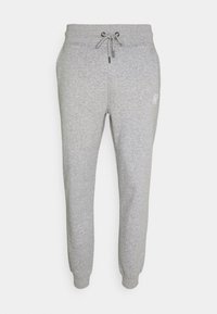 Grey sweatpants made of soft fabric, featuring an elastic waistband with a drawstring and ribbed cuffs. Logo detail in white on the side.