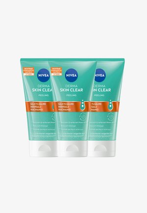 Three tubes of NIVEA Derma Skin Clear Peeling, featuring a turquoise color, flip-top lids, and white bases. Text includes ingredients and benefits.