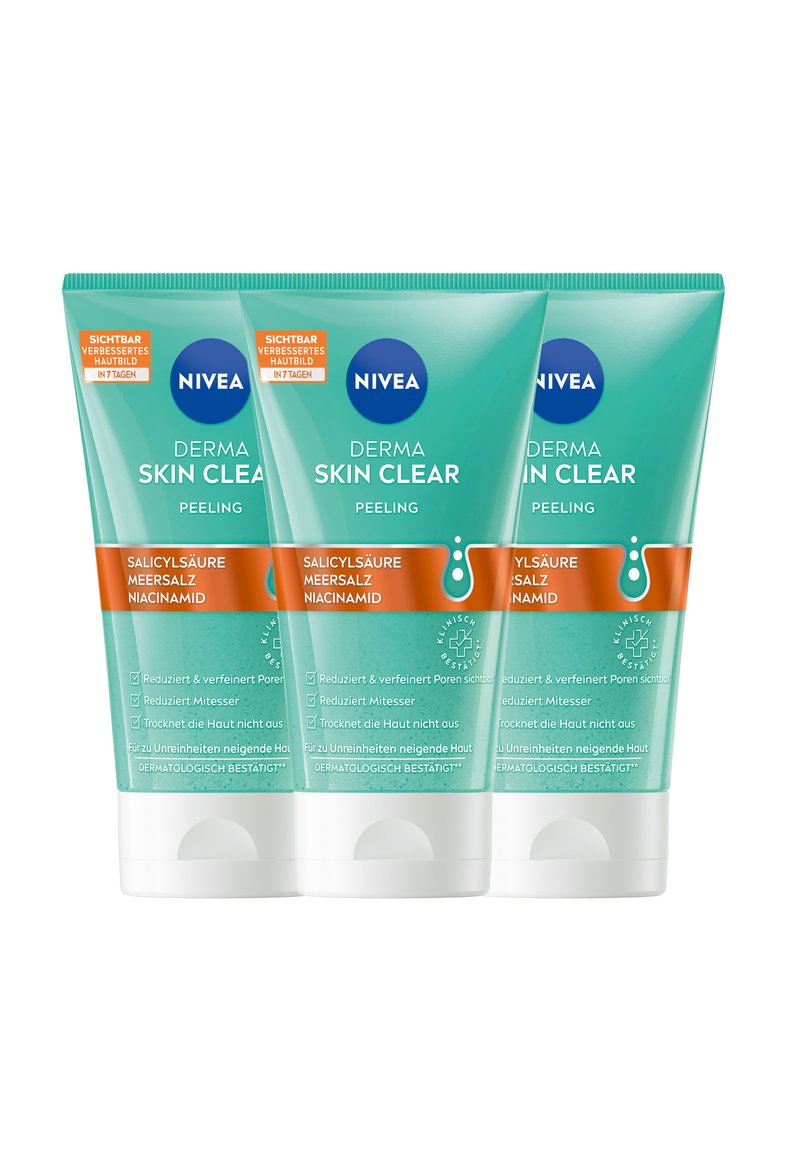 Three tubes of NIVEA Derma Skin Clear Peeling, featuring a turquoise color, flip-top lids, and white bases. Text includes ingredients and benefits.