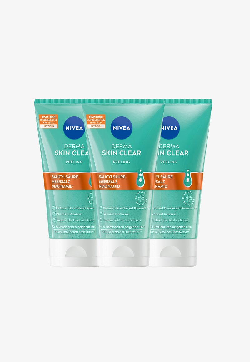 Three tubes of NIVEA Derma Skin Clear Peeling, featuring a turquoise color, flip-top lids, and white bases. Text includes ingredients and benefits.