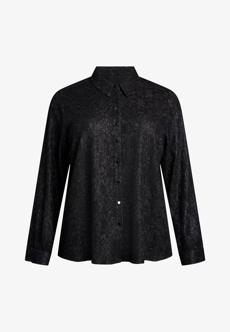 Black long-sleeve shirt with a textured woven pattern, a pointed collar, and front button closure. Features a relaxed fit and cuffed sleeves.