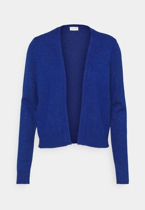 Cardigan bleu en tissu tricoté doux. Présente une ouverture à l'avant, des manches longues et des poignets côtelés. Texture lisse avec une coupe décontractée.