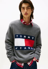 Gray knitted sweater with a navy, red, and white logo design. Features ribbed cuffs and waistband. Layered over a red plaid shirt.