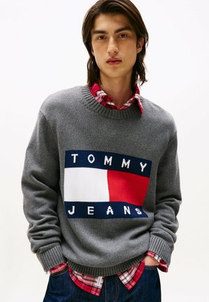 Maglione grigio a maglia con un design del logo in blu navy, rosso e bianco. Presenta polsini e vita a coste. Indossato sopra una camicia a quadri rossi.