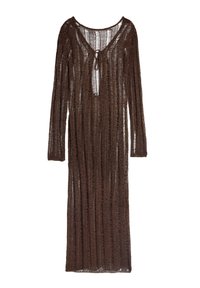 Brąszowy sweterkowy sukienka z długimi rękawami i okrągłym dekoltem. Posiada węzeł z przodu oraz teksturę pionowych pasków na całej powierzchni.