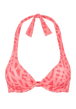 Pink halter bikini top with abstract bold letter print and a knot tie closure at the neck.