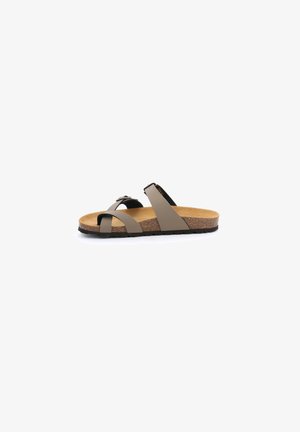 Sandal con suola in sughero marrone e cinturini incrociati in materiale morbido grigio scuro; dettaglio con fibbia regolabile. Design open-toe.