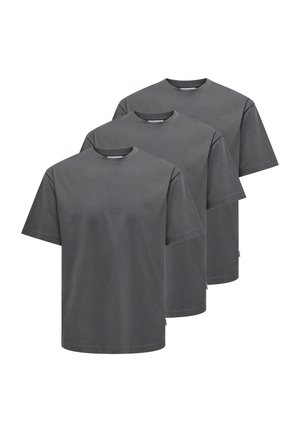 Drei kurzärmelige T-Shirts aus dunkelgrauer Baumwolle. Runder Rundhalsausschnitt, entspannte Passform und eine glatte Textur. Minimalistisches Design ohne sichtbare Muster.