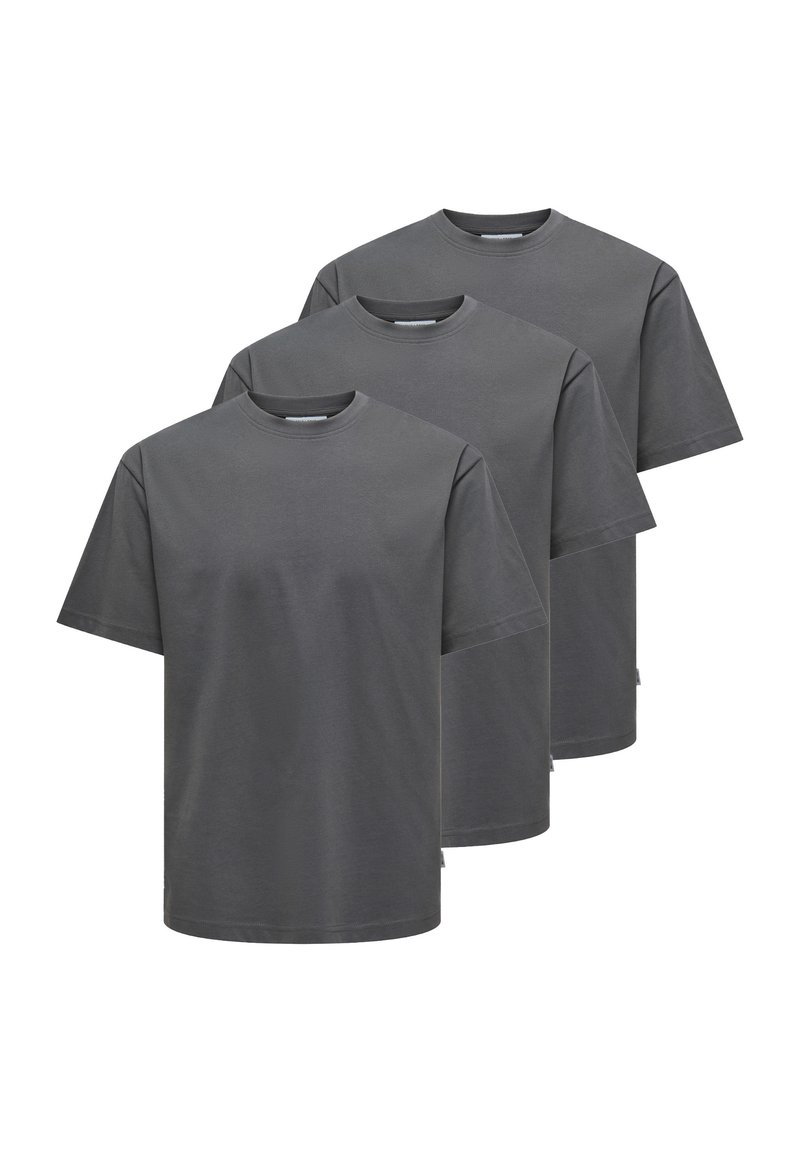 Drie T-shirts met korte mouwen in donkergrijze katoen. Ronde ronde hals, relaxte pasvorm en een gladde textuur. Minimale stijl zonder zichtbare patronen.