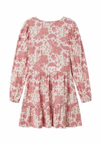 Robe fleurie à manches longues, avec un fond crème clair, des motifs paisley roses, un ourlet froncé et des poignets élastiques.