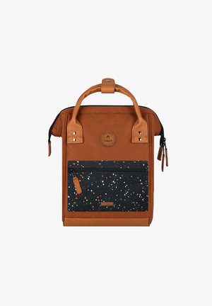 Brown fabric backpack with a textured finish, featuring a black front pocket with colorful speckles, sturdy handles, and zipper closure.