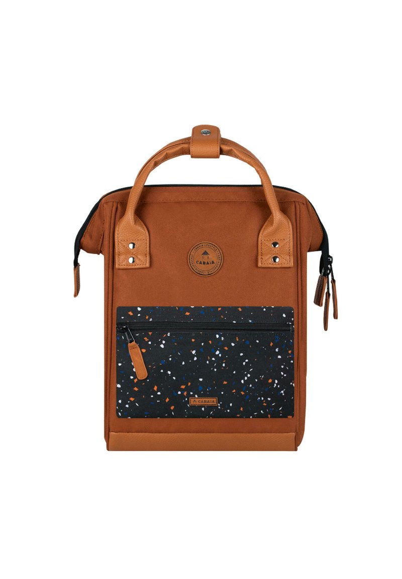 Brown fabric backpack with a textured finish, featuring a black front pocket with colorful speckles, sturdy handles, and zipper closure.