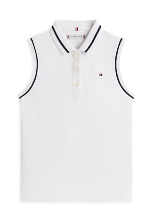 Polo blanc sans manches avec bordure marine sur le col et les emmanchures, trois boutons, et petit logo Tommy Hilfiger sur la poitrine.