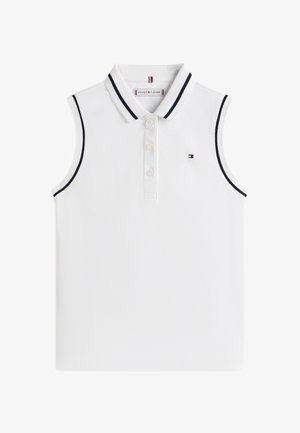 Sleeveless white polo shirt with navy trim on collar and armholes, three buttons, and small Tommy Hilfiger logo on chest.