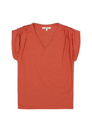 Rust-colored short-sleeve top with a V-neck and gathered shoulder details. Made of soft, lightweight fabric with a relaxed fit.