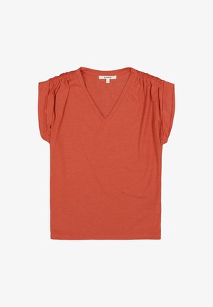 Rust-colored short-sleeve top with a V-neck and gathered shoulder details. Made of soft, lightweight fabric with a relaxed fit.