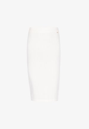Weiße, knielange Bleistiftrock aus glattem Stoff, mit einem dehnbaren Bund für Komfort und einem minimalistischen Design ohne Muster.