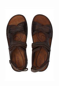 Braune Leder-Sandalen mit zwei verstellbaren Riemen, einer gepolsterten Innensohle und dekorativen Nähten. Die Sohle hat eine strukturierte Oberfläche für besseren Halt.