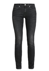 Svarta slim fit jeans tillverkade av denim, med en klassisk femfickedesign och silvertonad hårdvara. Subtil blekning på tyget.
