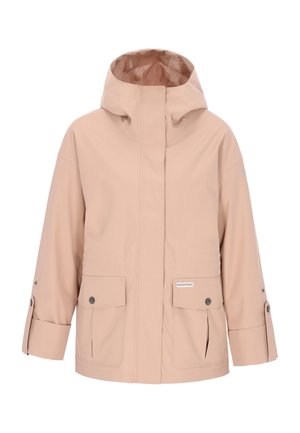 Lyse beige vandtæt jakke med hætte, foran lynlås, to store forlommer og justerbare manchetter. Fremstillet af glat, tekstureret stof.