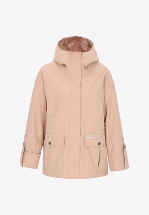 Világos bézs vízálló dzseki kapucnival, elülső cipzárral, két nagy első zsebbel és állítható mandzsettákkal. Sima, texturált anyagból készült.