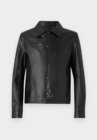 Black leather jacket featuring a collar, front snap closure, and two side pockets. Smooth texture with a minimalist design.