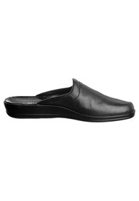 Sort læder slip-on sko med rund tå, glat tekstur, lav profil og minimale syninger langs den øverste kant.