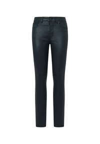 Černé skinny džíny s hladkou, lesklou texturou, standardním pěti-kapsovým designem a s knoflíkovým zapínáním v pase.