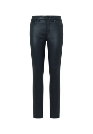 Schwarze Slim-Fit-Jeans mit einer glatten, glänzenden Textur, klassischem Fünf-Taschen-Design und einem Knopfverschluss am Bund.