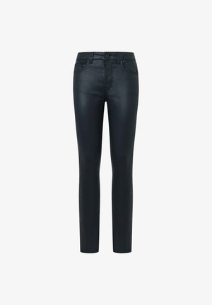 Jeans skinny neri con una texture liscia e lucida, design classico a cinque tasche e chiusura con bottone in vita.