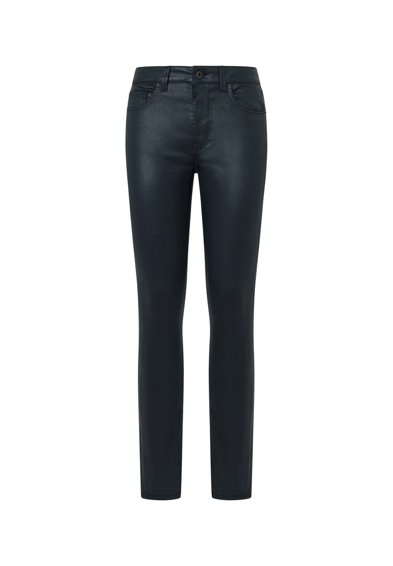 Zwarte skinny jeans met een gladde, glanzende textuur, standaard vijf-pocket ontwerp en een knoopsluiting bij de tailleband.