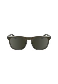 Occhiali da sole rettangolari con lenti scure, montatura in plastica grigia e aste affusolate. Design minimalista con leggere accentuazioni sulle cerniere.