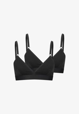 Two black wireless triangle bras with adjustable thin straps, displayed on a white background.