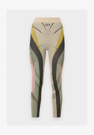 Õmblusteta, mitmevärvilised retuusid beeži, musta, rohelise, kollase ja roosa abstraktse mustriga ning ees kõrge vöökohaga, kus on tekst "OFF".