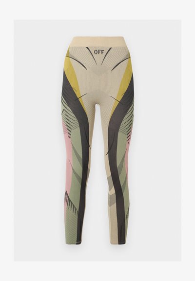 Αόρατα, πολύχρωμα κολάν με μπεζ, μαύρα, πράσινα, κίτρινα και ροζ αφηρημένα σχέδια και το κείμενο "OFF" στο μπροστινό μέρος της ψηλής μέσης.
