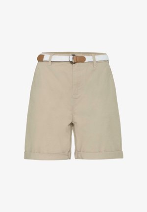 Beige kniebroek met omslagzomen en een witte gevlochten riem met een detail van een lichtbruine leren gesp.