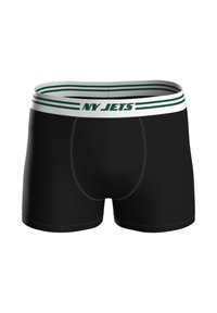 Černé boxerky s bílým a zeleným pruhovaným pasem, s výrazným logem "NY JETS" na přední straně a hladkou texturou.