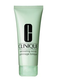 Clinique eksfolierende skrubb i en lys grønn klemmetube. Har et svart bokstav "C" og produktnavn i sterk skrift.